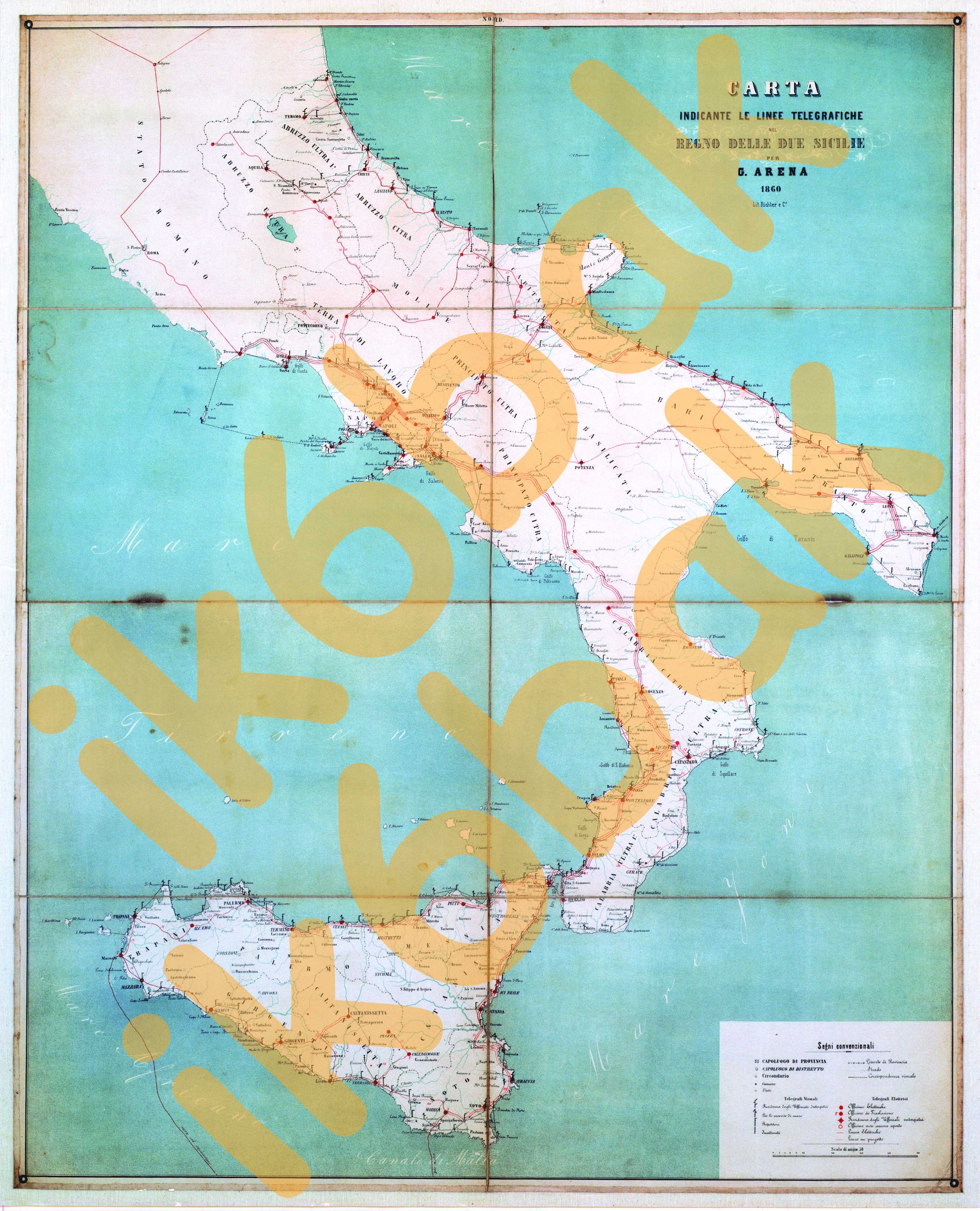 1860 - Mappa telegrafi ottici nel REGNO DELLE DUE SICILIE