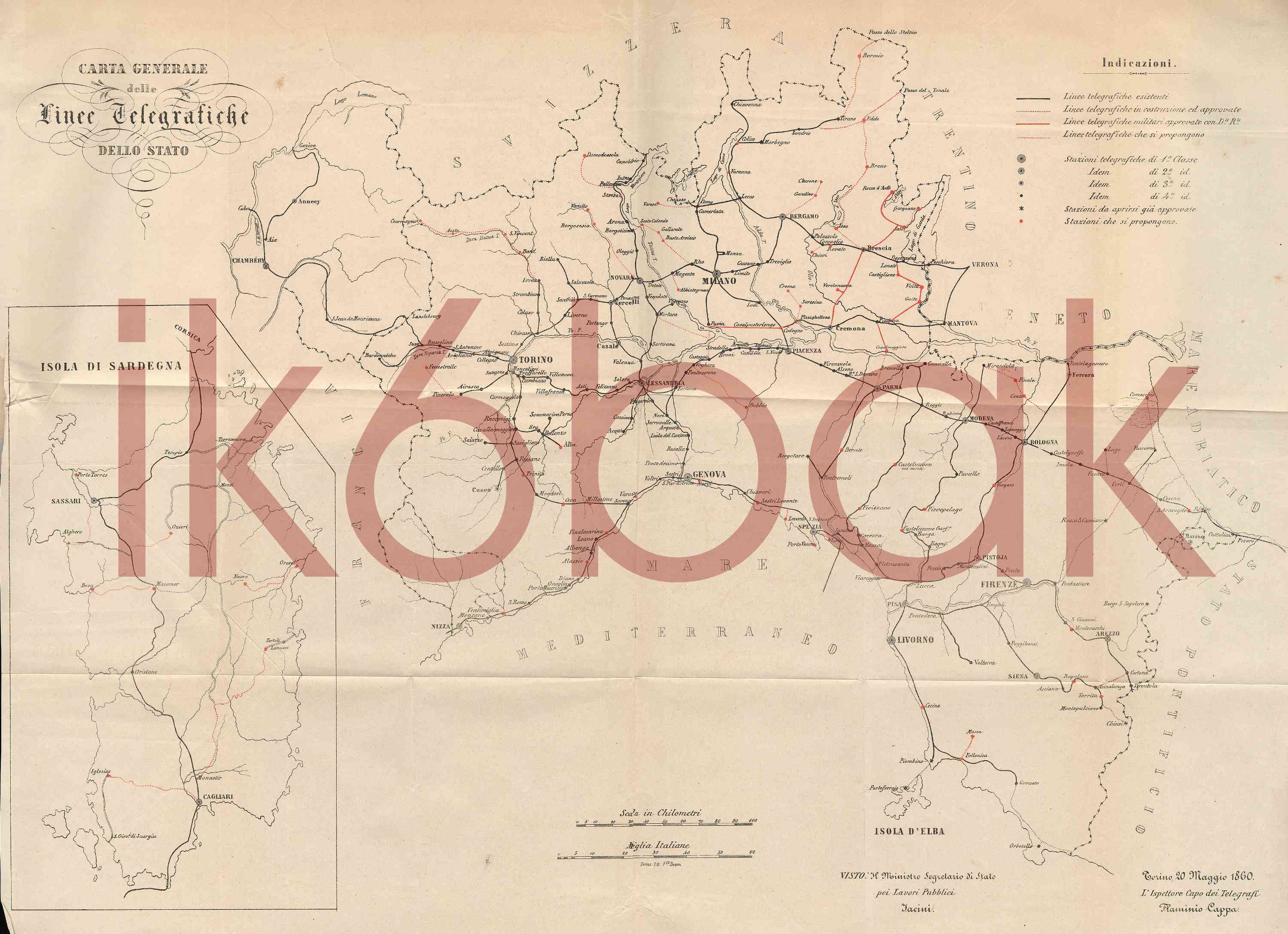 1860 - Map of telegraph lines in Italy