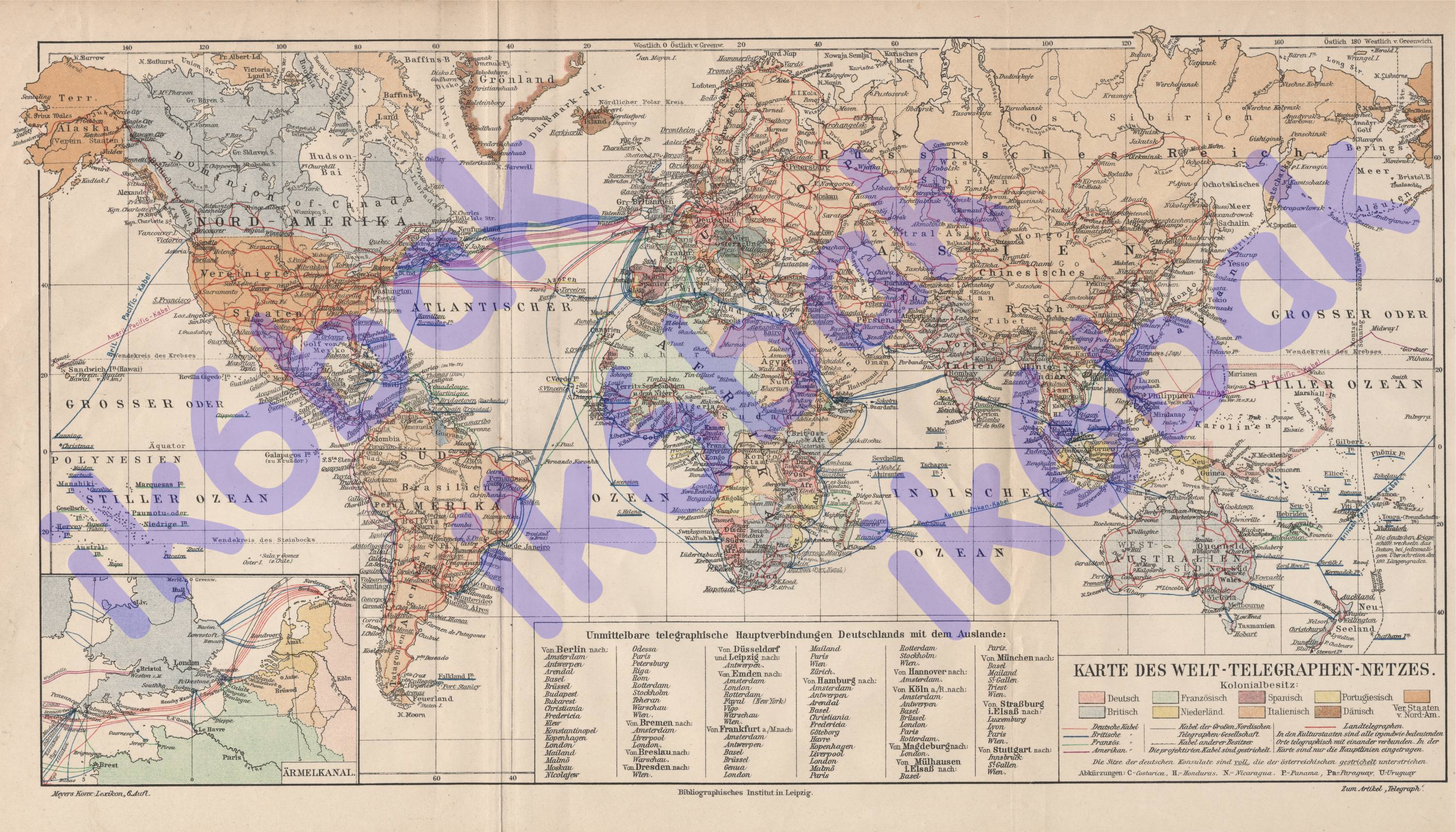 1890 circa - Mappa mondiale delle linee telegrafiche