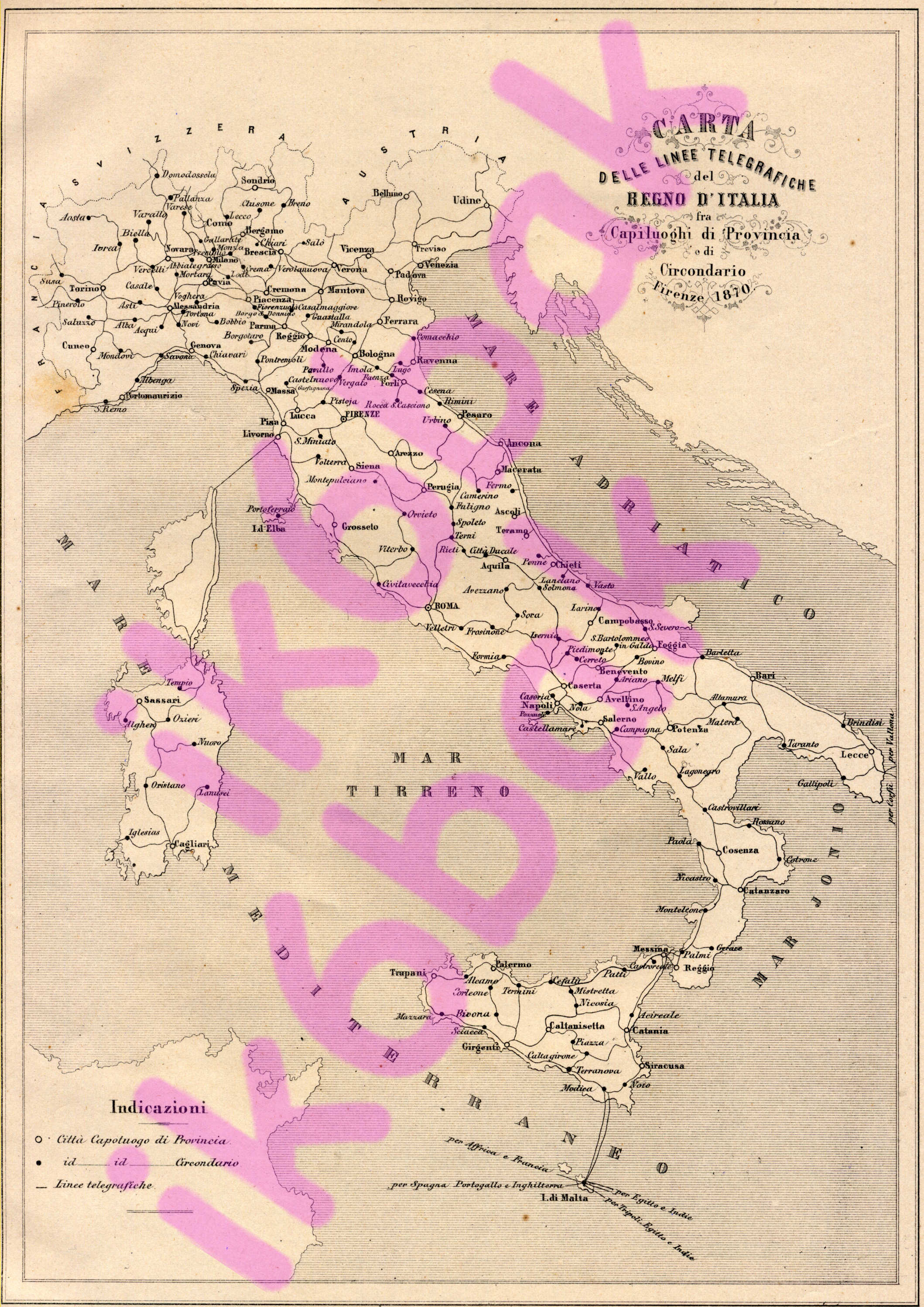 1870 - Map of telegraph lines in reunited Italy